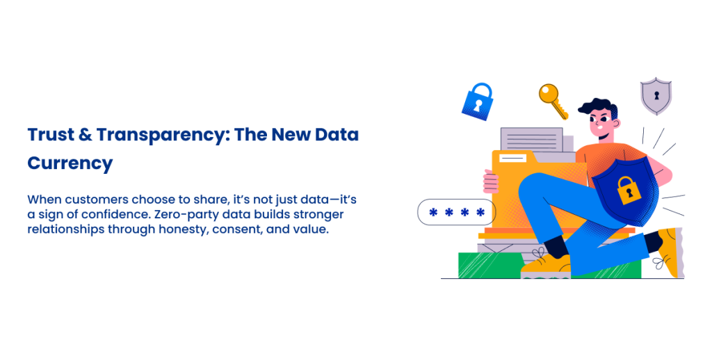 Illustration showing trust and transparency in data sharing, with a person holding secure documents, locks, and security icons representing data protection and consent.